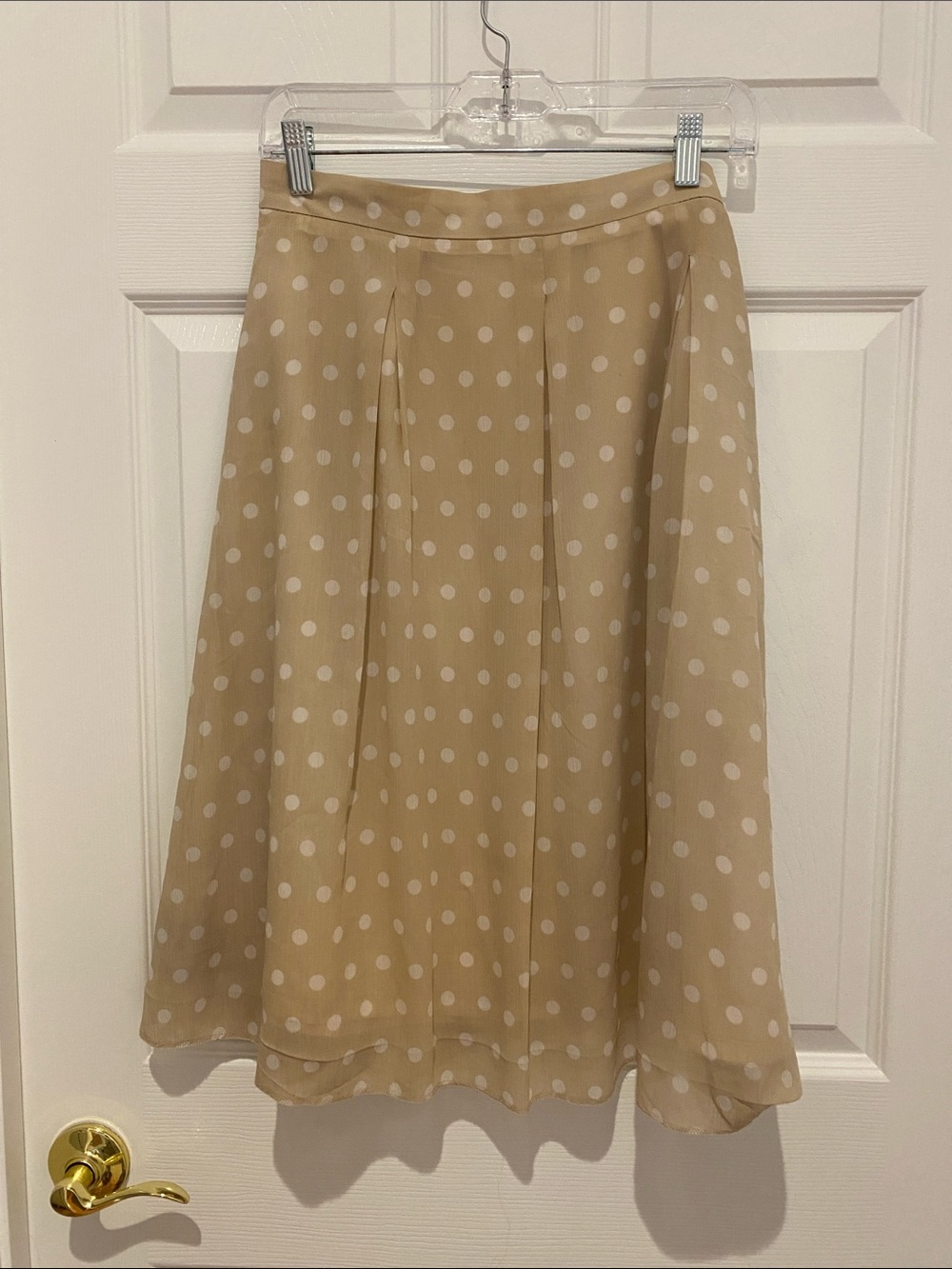 Ann Taylor Polka Dotted Beige Midi Skirt with White Polka Dots